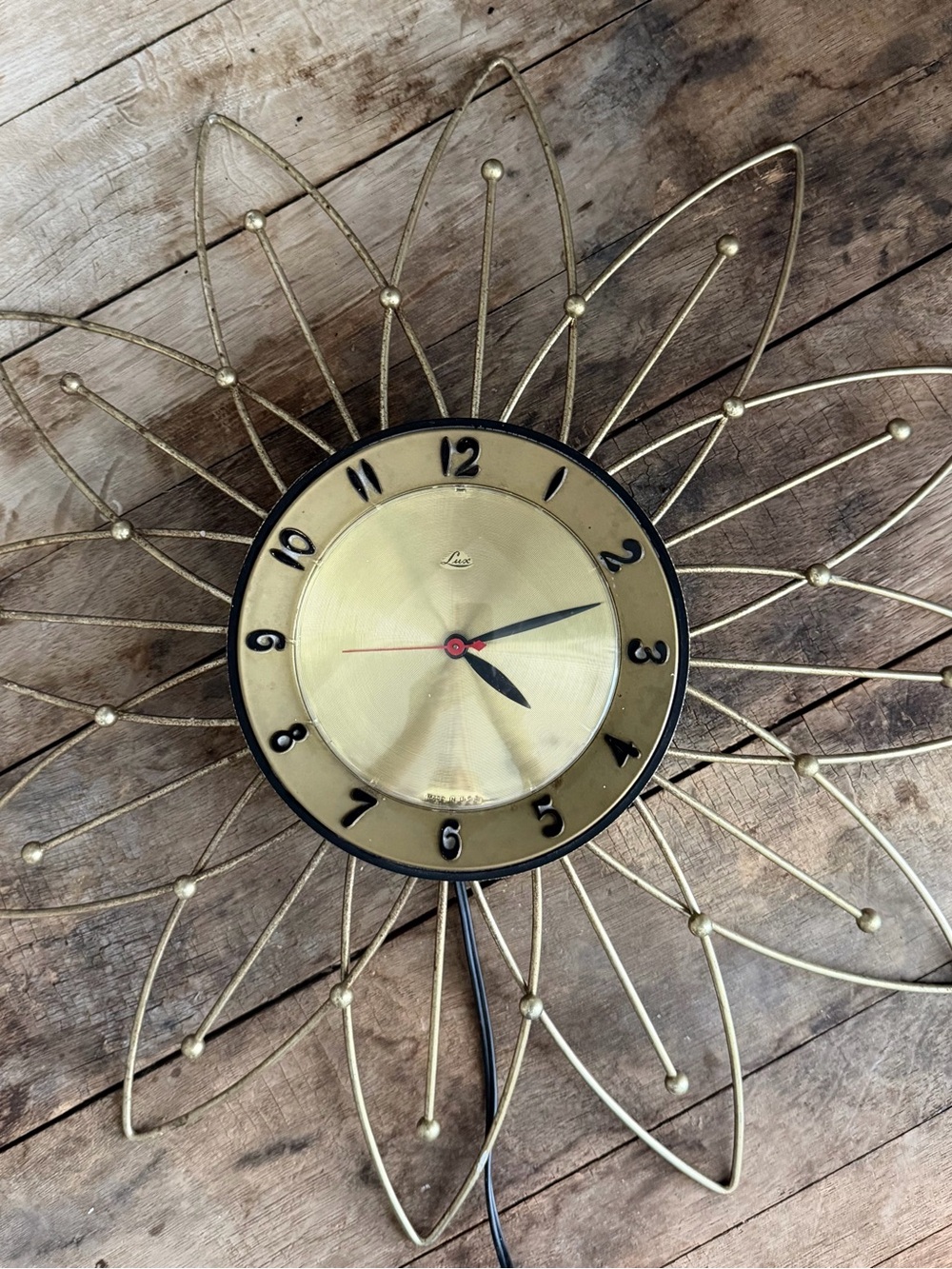 Vintage MCM Gold Lux Mid-Century Starburst Electric Wall Clock